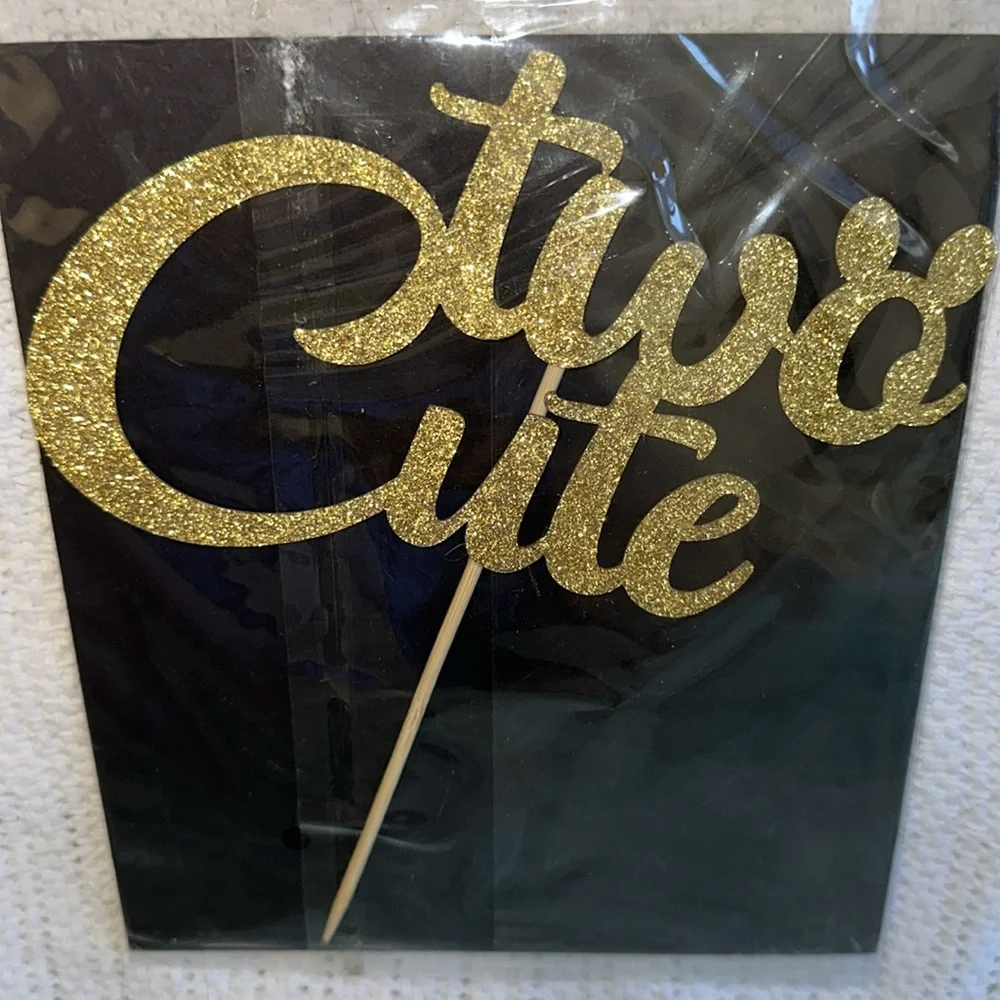 Cake Topper Gold Glitter 'Two Cute' Second Birthday Mickey‎ Minnie Ears Disney